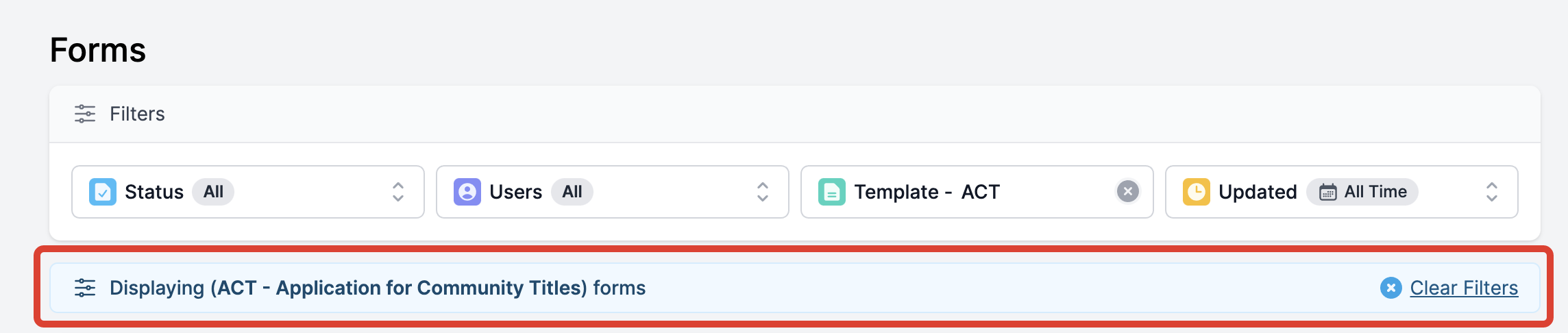 Forms Live - Forms Filters applied