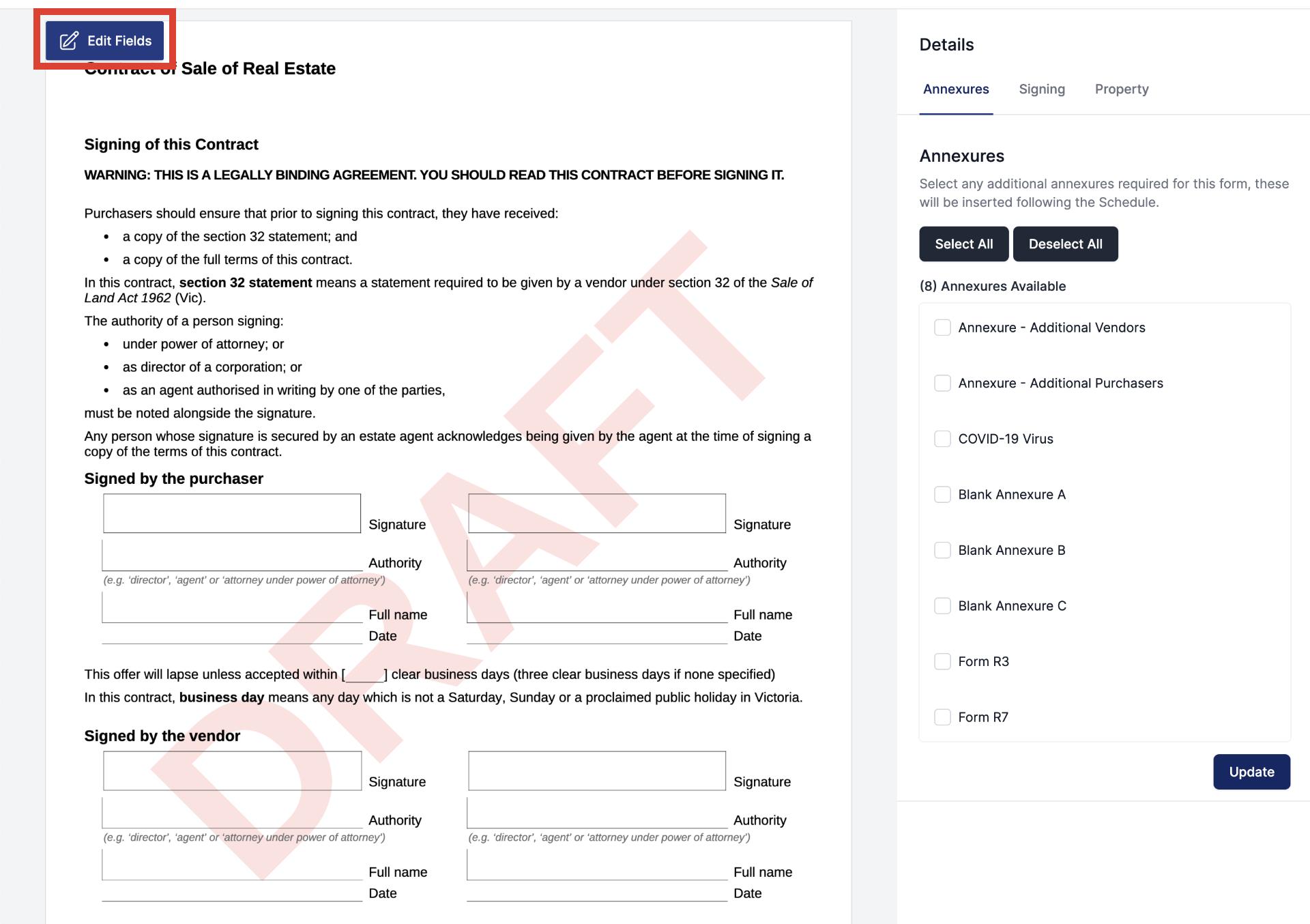 Selecting the Edit Fields button on the PDF document