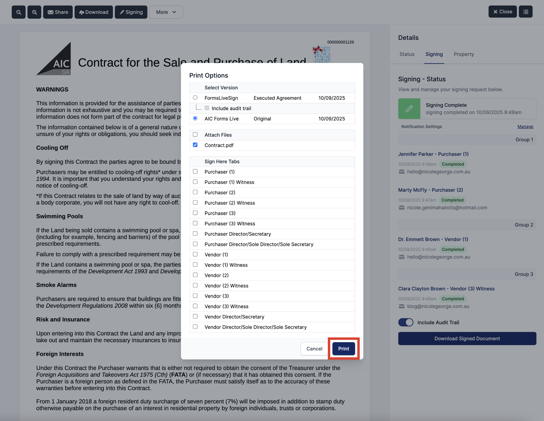 The Print Options pop-up to select files to download