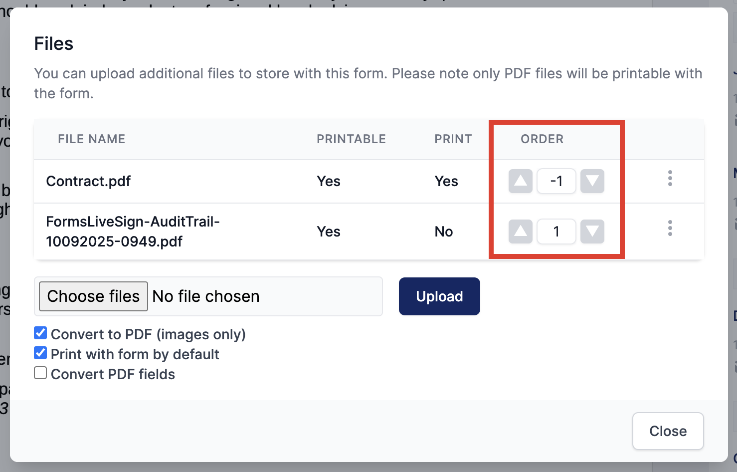 Forms Live Prepend PDFs - Ordering Files
