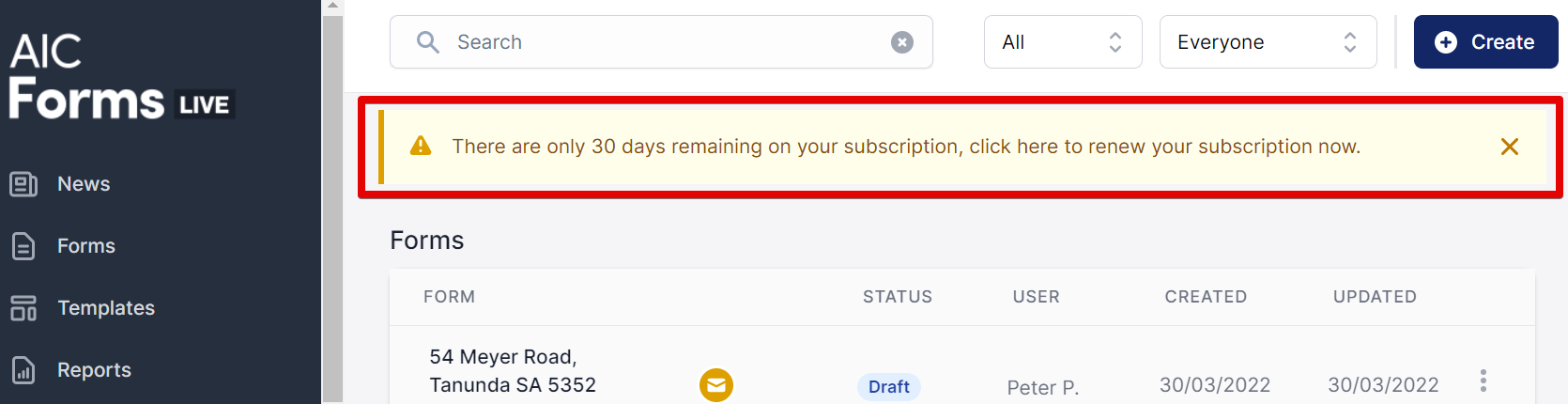 Renew Subscription button