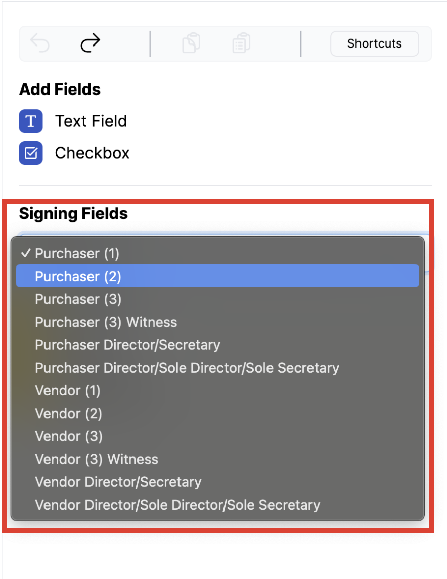 Selecting Signature field from the sidebar
