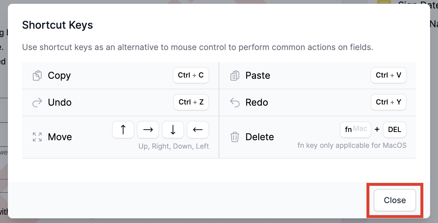 Shortcut Keys pop-up dialog box