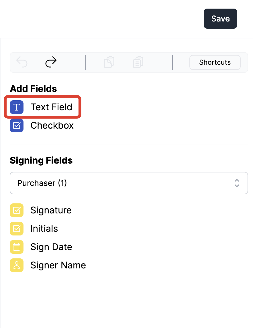 Selecting Textbox field from the sidebar