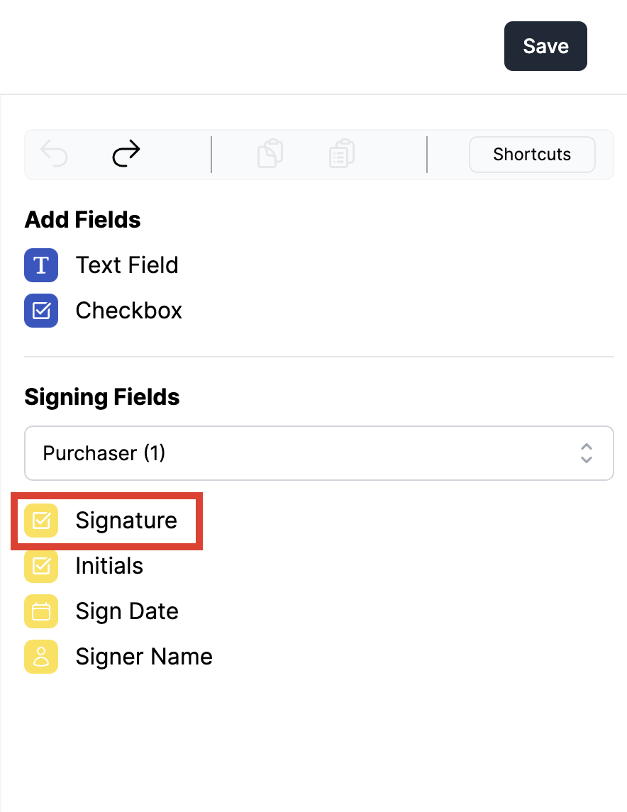 Selecting Signature field from the sidebar