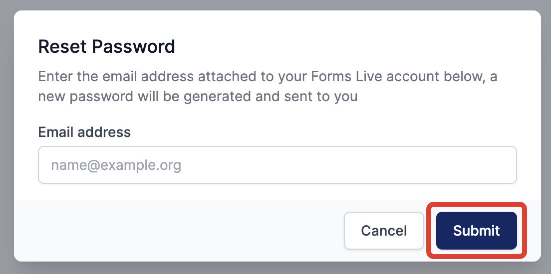 Reset Password dialogue